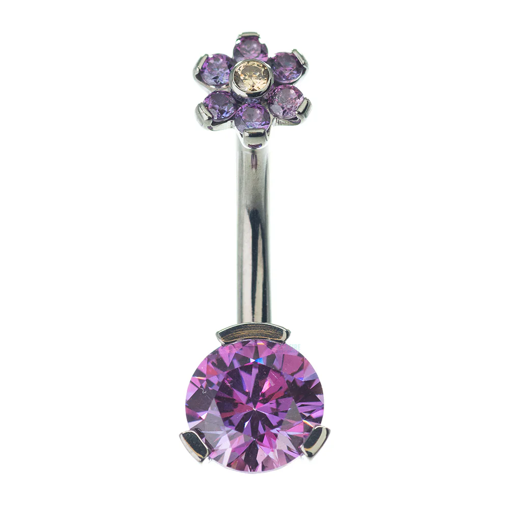 3 Prong-Set Faceted Gem Navel Curve with Flower Top - custom color combos - Image 3
