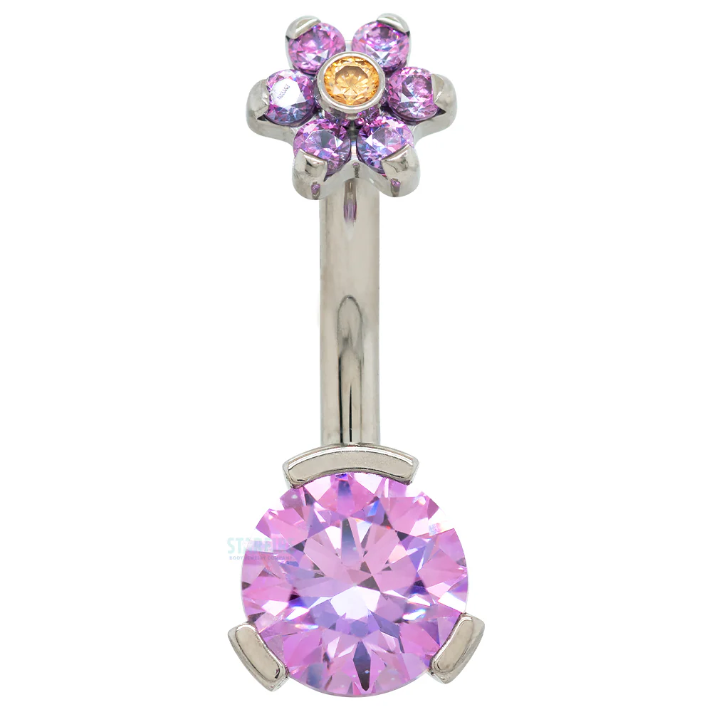 3 Prong-Set Faceted Gem Navel Curve with Flower Top - custom color combos - Image 5