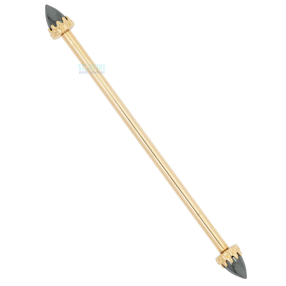 "King" Crown Industrial Barbell in Gold with Bullet-Cut Natural Stones - Hematite - Image 4