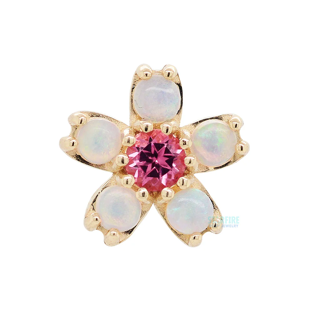 Cherry Blossom Threaded End in Gold with Genuine White Opals & Pink Tourmaline - Image 3