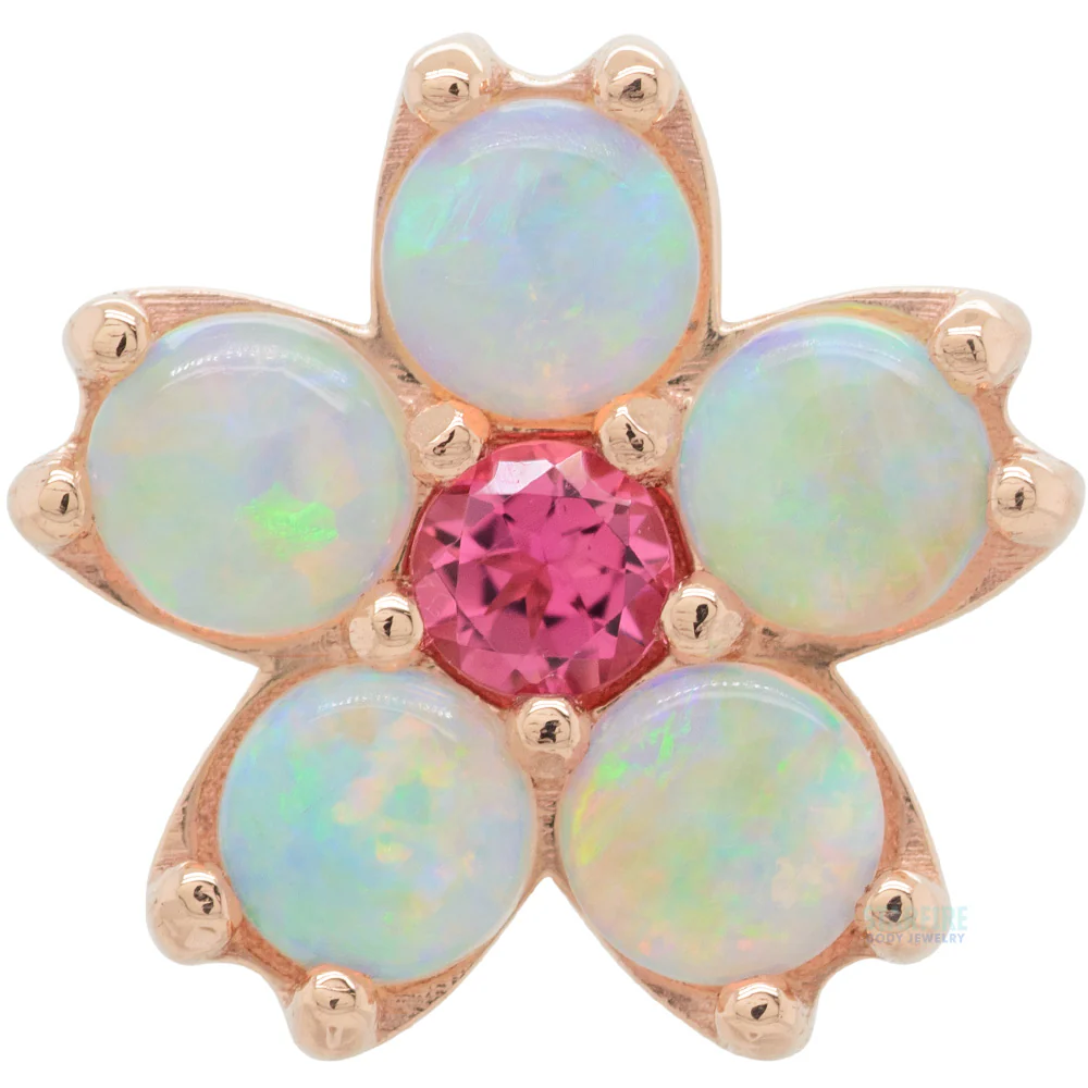 Cherry Blossom Threaded End in Gold with Genuine White Opals & Pink Tourmaline - Image 4