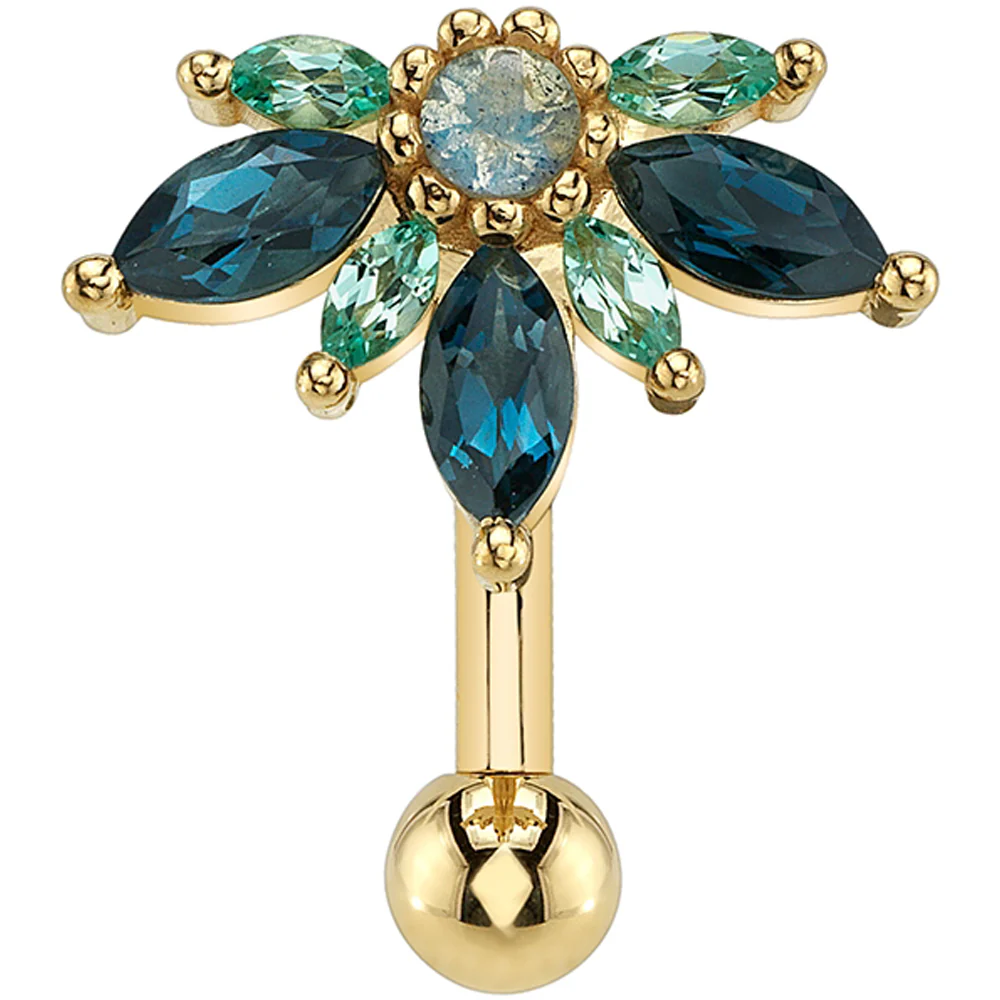 "Starling" Toploader Navel Curve in Gold & Platinum with London Blue Topaz, Chatham Chrysoberyl & Labradorite - Image 3