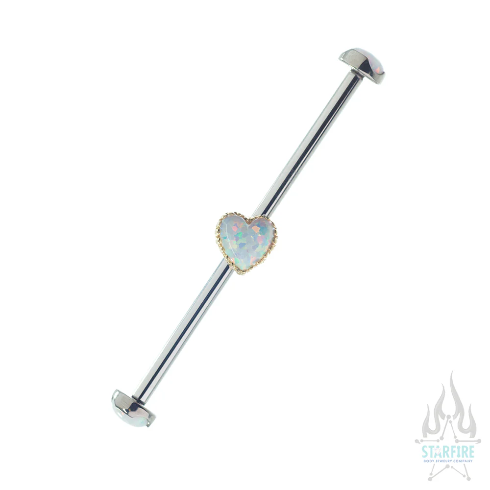 Heart-Cut Opal Cabochon on Axis Industrial Barbell in Yellow Gold - Left Ear - Image 4